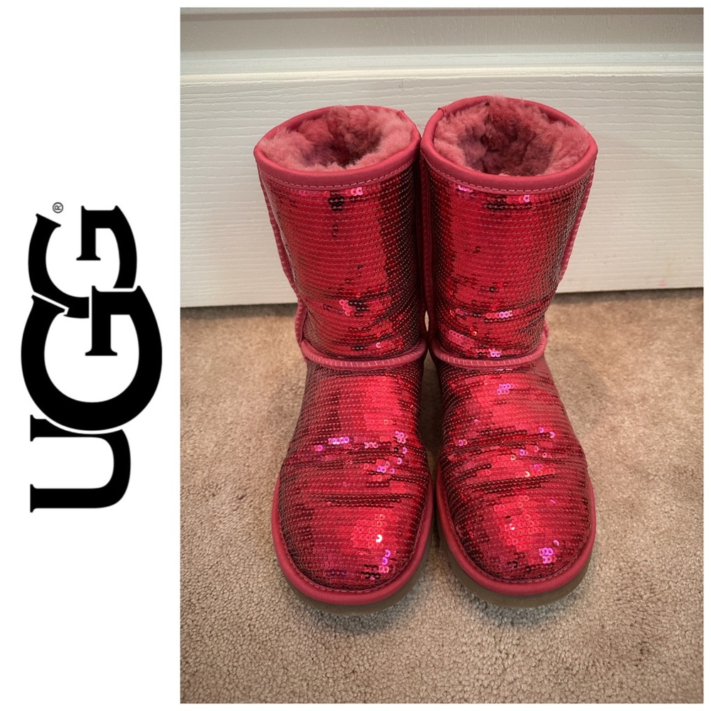 UGG Ruby Red Pink Sequin Boots, Womens Size 7